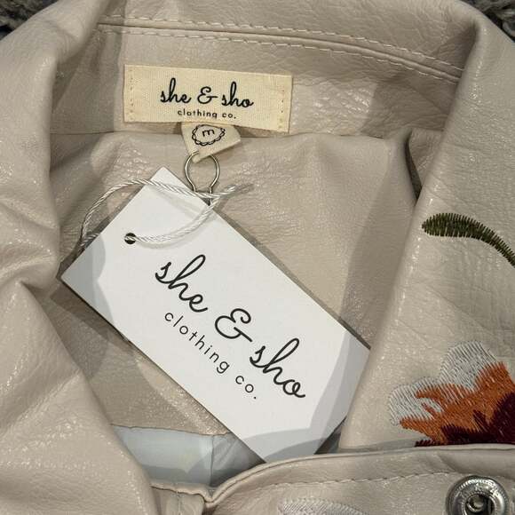 She and Sho Clothing Floral Embroidered and Studded Faux Leather Moto Jacket - Picture 3 of 4
